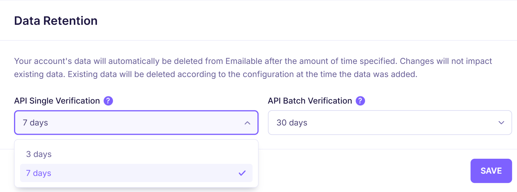 3b. Account section - Data Retention - API single options - Emailable.png