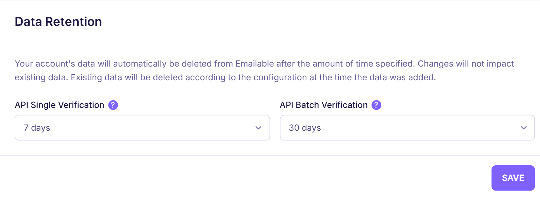 3a. Account section - Data Retention - API single, batch - Emailable.png