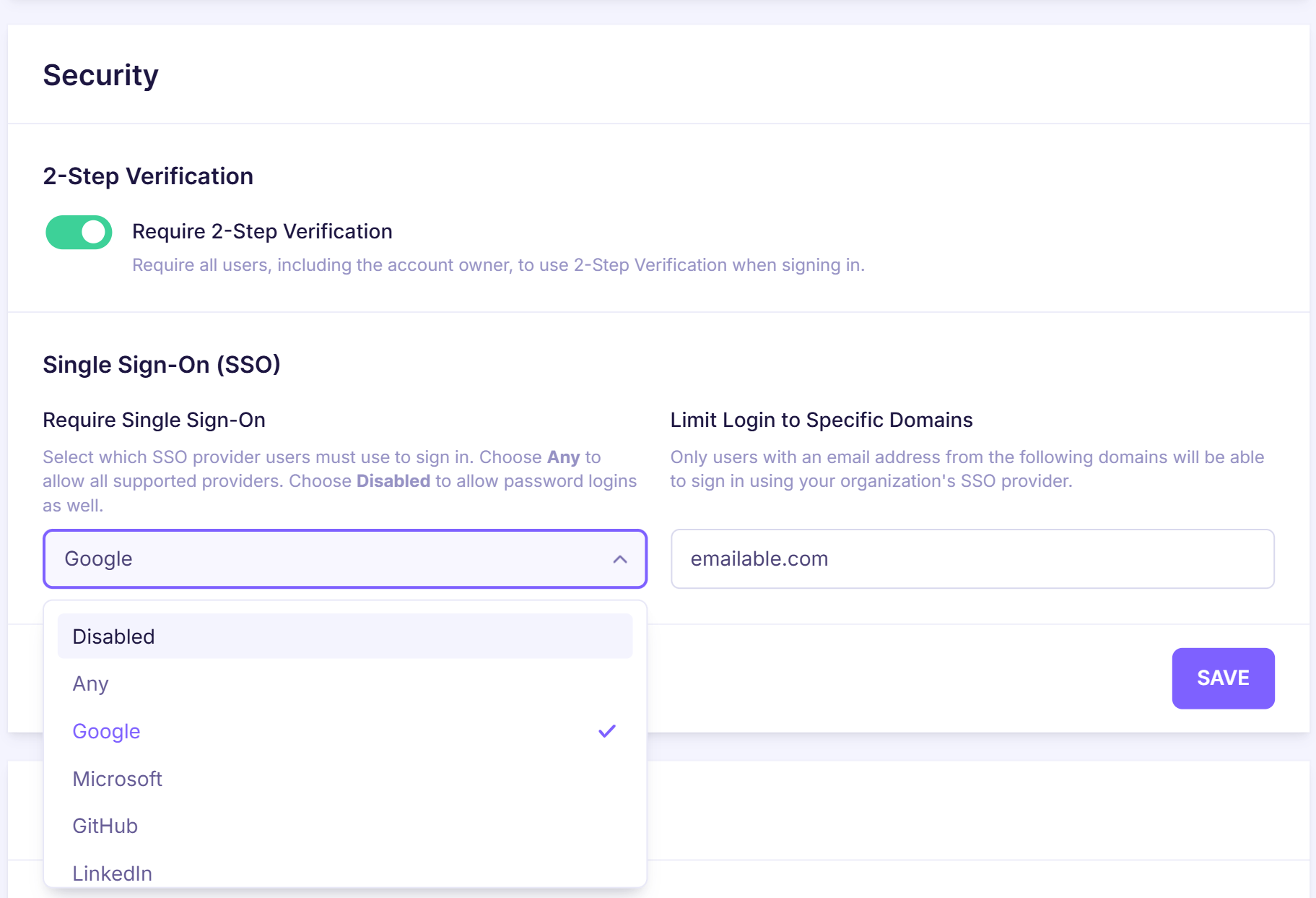 2a. Account section - Security - 2FA, SSO, Limit domain login with SSO options - Emailable.png