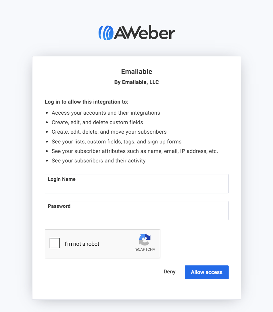 2. AWeber login page and access page.png