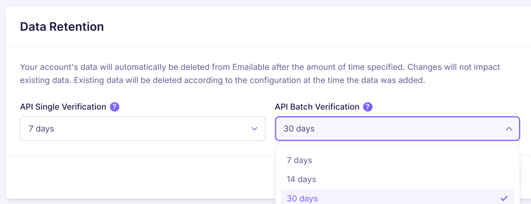 3c. Account section - Data Retention - API batch options - Emailable.png