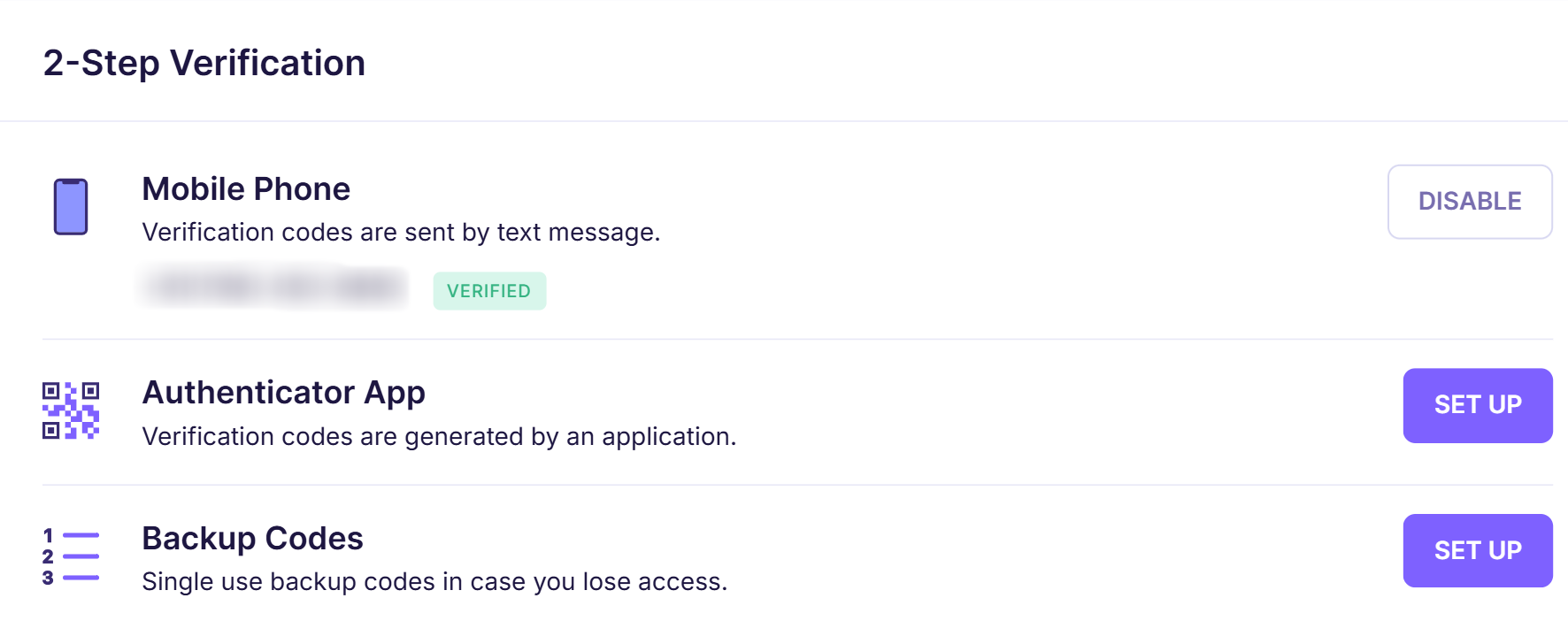 1b. Profile section - 2step verification via Mobile phone, Authenticator App, Backup codes - Emailable.png