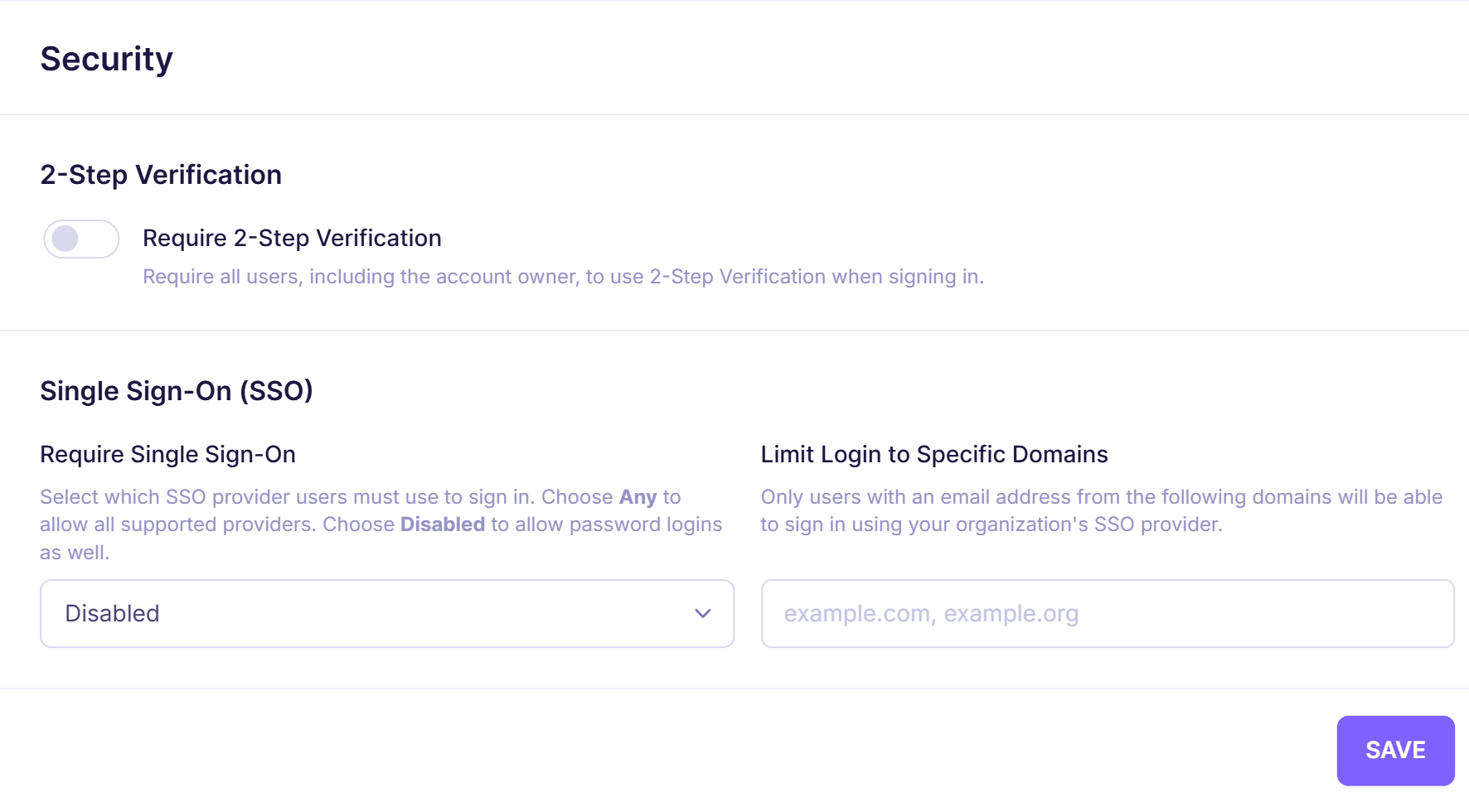 1a. Account section - Security - 2FA, SSO, Limit domain login - Emailable.png